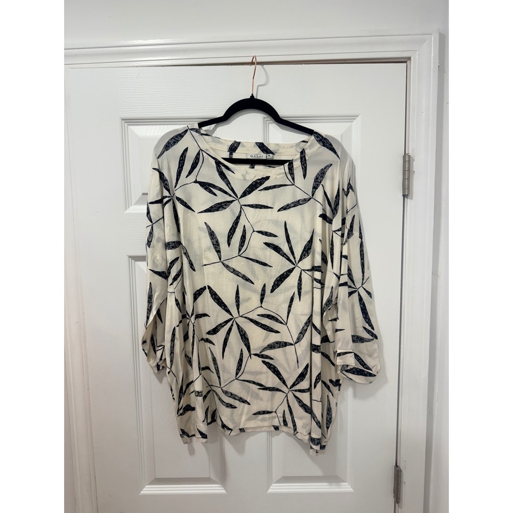 Masai Copenhagen XL Viscose Leaf Print Oversized Blouse Cream Black Tunic Print